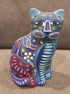 Katze Figur Mexikaner Talavera Keramik Volkskunst handbemalt blau bunt - Bild 1 von 7