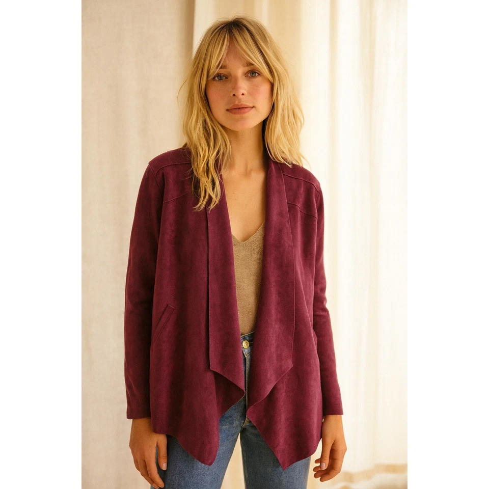 Anthropologie Blank NYC Faux Suede Jacket – Burgundy Drape Front Waterfall Small - Image 1 of 4