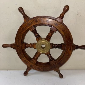 NAUTICAL WHEEL WALL DECOR VINTAGE ANTIQUE FINISHING BRASS WOODEN BOAT SHIPS 12” - Picture 1 of 8