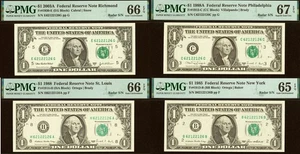4 Matching Radar Serial Numbers - 1985 1988 2003A $1 FRN PMG 67EPQ 66EPQ 65EPQ - Picture 1 of 9