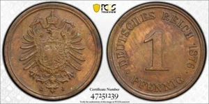 1876-J German Empire 1 Pfennig, Wilhelm I - PCGS AU 55 - Picture 1 of 3