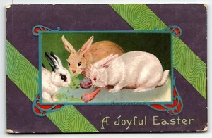 A Joyful Easter Postcard three bunnies green and purple UNP - Bild 1 von 2