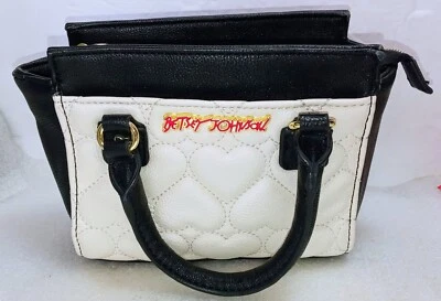 Betsey Johnson Mini Satchel Handbag Purse Black & Off White & Heart Accents - Image 1 of 4