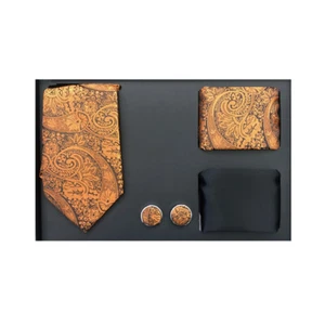 Nuevo Formal Hombres Corbata Delgada 2 Pañuelos Gemelos Set de Regalo Dorado Negro Paisley - Imagen 1 de 3