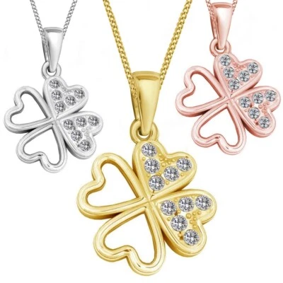 Kleeblatt Zirkonia Kristall Halskette Kette Anhänger 925 Silber Rose Gold Blatt - Bild 1 von 4