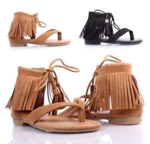 2 Color New Indian Style Fringe Lace Tie Up Gladiators Sexy Womens Sandals Size - Picture 1 of 17