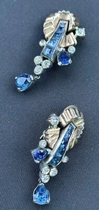 Joseph Mazer Blue & Crystal French Cut Teardrop Round Clip On Earrings As Is - Picture 1 of 18