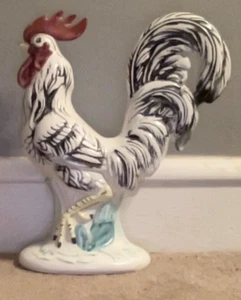 Large Porcelain Black & White Rooster. Red Accents. 14" Tall. Stamped I.A.C. - Picture 1 of 7