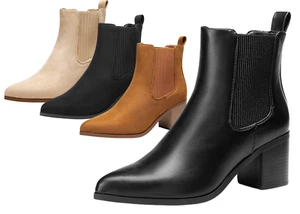 Women Ankle Boots Chelsea Low Chunky Block Heel Pointed Toe Zip Up Booties - Picture 1 of 18