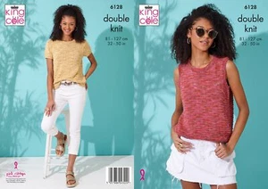 Knitting Pattern King Cole Ladies Double Knit Short Sleeve & Vest Tops 6128 - Picture 1 of 5
