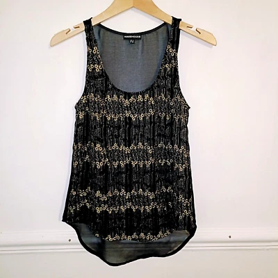 Warehouse Womens Top Tank Black Gold Size UK 8 Sequin Sheer Embroidered Grunge - Image 1 of 4