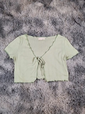 Cárdigan corto Timing grande verde claro manga corta con lazo delantero para mujer Foto 1 de 4