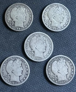 [Lot of 5] BARBER HALF DOLLARS .50 Pre 1912 90% Silver $2.50 Face Value - Picture 1 of 2