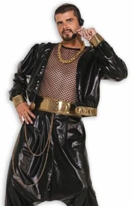 80's Hip Hop Unisex Rap Star Jacket Blk Wet Look Poly Fabric W/ Gold Lame Trim - Picture 1 of 1