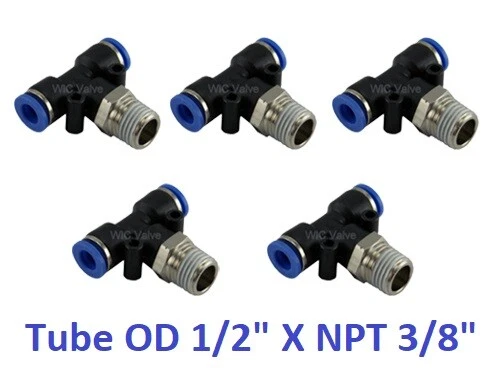Branch Tee Swivel Air Connector Tube OD 1/2" X NPT 3/8" Push In Fitting 5 Pieces - Image 1 of 1