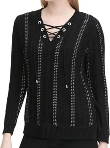 Calvin Klein Womens Lace-Up Pullover Sweater, Black, Medium - Picture 1 of 2