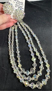 Necklace 14" 3 Strand Aurora Rhinestone Earrings Clip-On Vintage Silver M-7131 - Picture 1 of 4