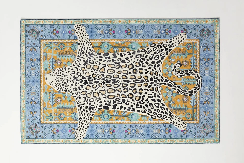 Octavia Leopard Blue & Gold Modern Hand-Tufted 100% Wool Area Rug Carpet - Image 1 of 4
