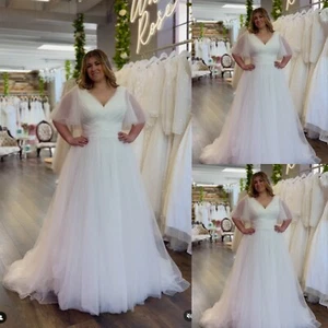 Tulle Wedding Dresses Flare Short Sleeves A Line Beach Plus Size Bridal Gowns - Picture 1 of 9