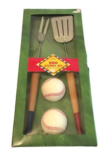 BASEBALL THEMED BBQ SET Ball Shaped S&P Bat Handled Spatula & Fork HALLMARK Box - Picture 1 of 12