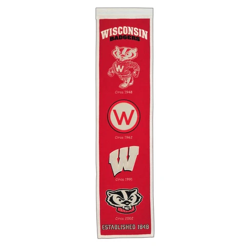 WISCONSIN BADGERS EMBROIDERED WOOL HERITAGE BANNER 8"X32" NCAA LICENSED Cover