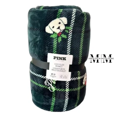 Victoria's Secret Plush Green Plaid Dog Sherpa Blanket - Christmas Cozy Blanket - Image 1 of 4