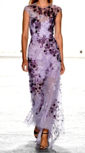 Monique Lhuillier Runway Purple Floral Embroidered Tulle Maxi Long Gown Dress 12 - Picture 1 of 14