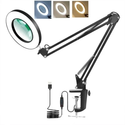 Large Lens Magnifier LED Lamp 10x Magnifying Glass w/ Clamp Desk Reading Light - Image 1 of 4