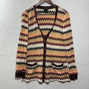 Anna Sui Cardigan Sweater 12 Chevron Zig Zag Pockets Western Neutral Earthy Boho - Picture 1 of 13
