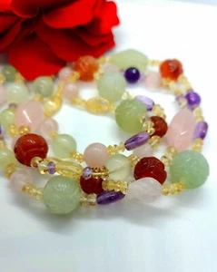 Vintage geschnitzte Karneol & Jade Amethyst chinesische mehrsträngige Stein Perlenkette - Bild 1 von 6