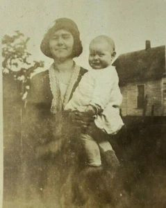 Woman In Hat Holding Baby B&W Photograph 2.75 x 4 - Picture 1 of 3