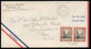 Bahamas 1950 War Tax Scott MR9 (2) pair Nassau to Longmeadow MA USA - Picture 1 of 1