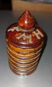 Antique Small Treen Wooden Barrel Container Jar Box Turned Ribbed Signed - Picture 1 of 3