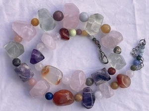 Gemstones necklace, Pink Quartz, Aventurine,Carnelian,Peridot 56.6cm long, 141g, - Picture 1 of 6