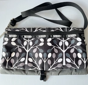 LeSportsac Embroidered leaves tree Crossbody Black gray bag 11” X 6 1/2” Tote - Picture 1 of 9