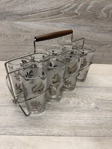Vintage Mid Century Set of 8 Libbey Silver Leaf Frosted Glasses With Caddy - Picture 1 of 10
