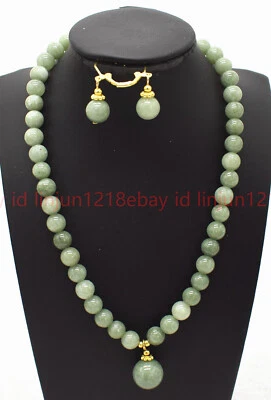 Natural 6/8/10/12mm A Green Jade Gems Round Beads Pendant Necklace Earring 18in - Image 1 of 4