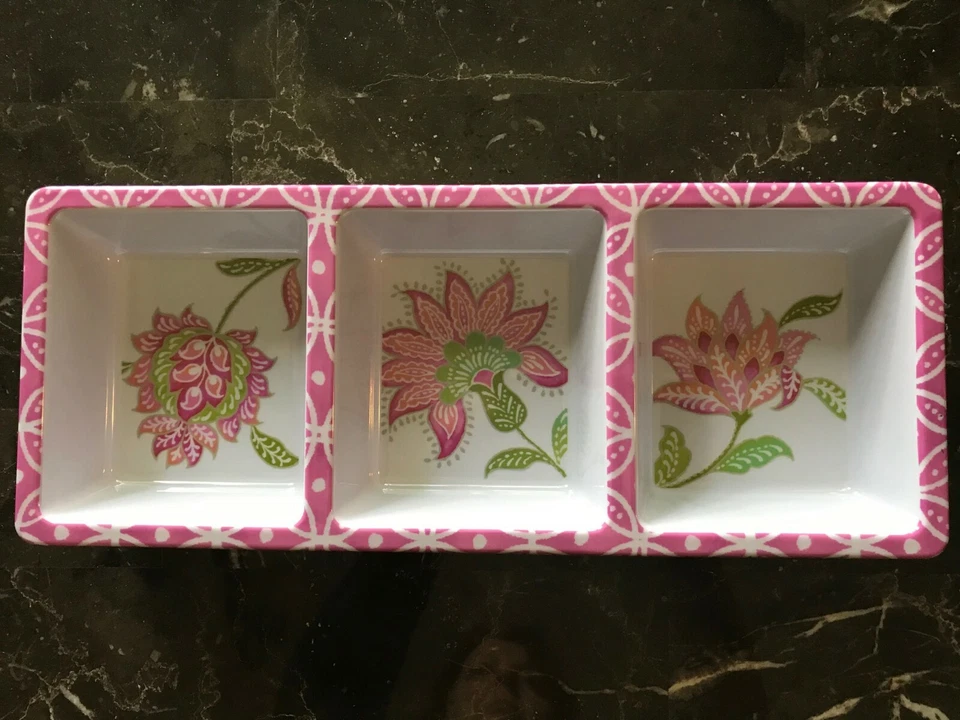 Cynthia Rowley NY Melamina BANDEJA PARA SERVIR FLORAL 3 Compartimentos Servidor 14-3/4" Largo Foto 1 de 4