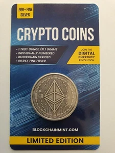 Ethereum Antiqued 1oz 999 Silver Bullion Coin with Card ERROR 2020 Crypto Series - Imagen 1 de 5