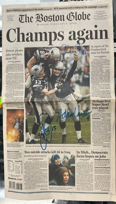 Christian Fauria Adam Vinatieri y Ken Walter firmado el 2 de febrero de 2004 Boston Globe Foto 1 de 3