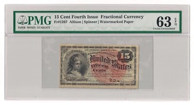 Fr#1267 15¢ 4th Issue Columbia Fractional, Watermark, PMG 63 EPQ Choice Unc - Image 1 of 2