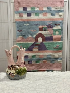 Vintage Navajo Hanging Wall Tapestry Woven Wall Art & Pink Matching Vase Signed - Picture 1 of 9