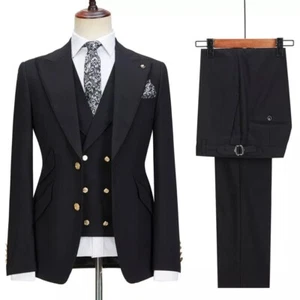 Men Black Peak Lapel Groom Tuxedo Formal Wedding Party Prom 3 Piece Suit Custom - Picture 1 of 9