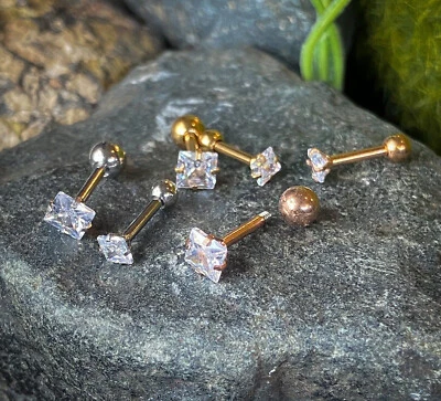 Brinco de cartilagem Tragus Stud Helix folheado a íons preciosos 1 peça quadrado CZ 16 g 1/4" - Imagem 1 de 4