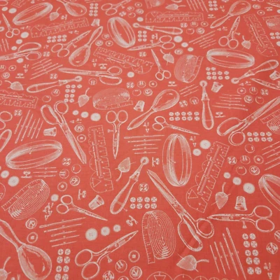 The Dressmaker Collection BTY Amy Barickman Red Rooster Sewing Notions Coral - Image 1 of 3