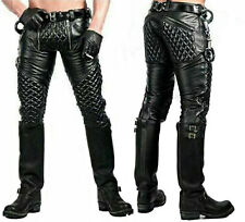 Men's Real Leather Pants Black Quilted Double Zipper Genuine Leather Trousers