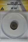 1851 .03 Anacs Vf 20 Repunched Date Star And Shield three cent piece, Trime