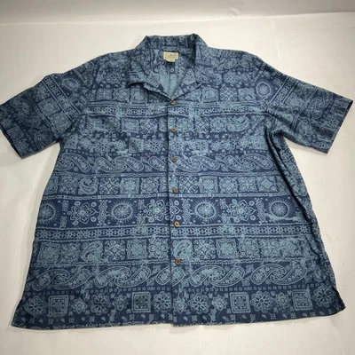 LL Bean Mens XL Short Sleeve Batik Hawaiian Print Camp Shirt Color Blue - Image 1 of 4