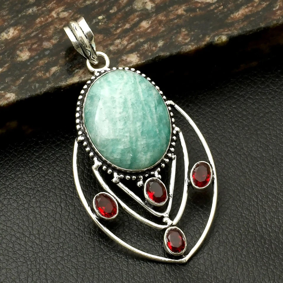 Amazonita Granate Piedras Preciosas Colgante Hecho a Mano Joyería Para Año Nuevo 2.92" AP-41497 Foto 1 de 1
