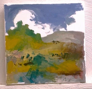 Postkubismus Western Cowboys Ölgemälde Landschaft Natur 12x12 Leinwand Original - Bild 1 von 2
